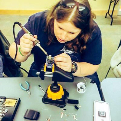 Fn00b in her element, soldering a circuit